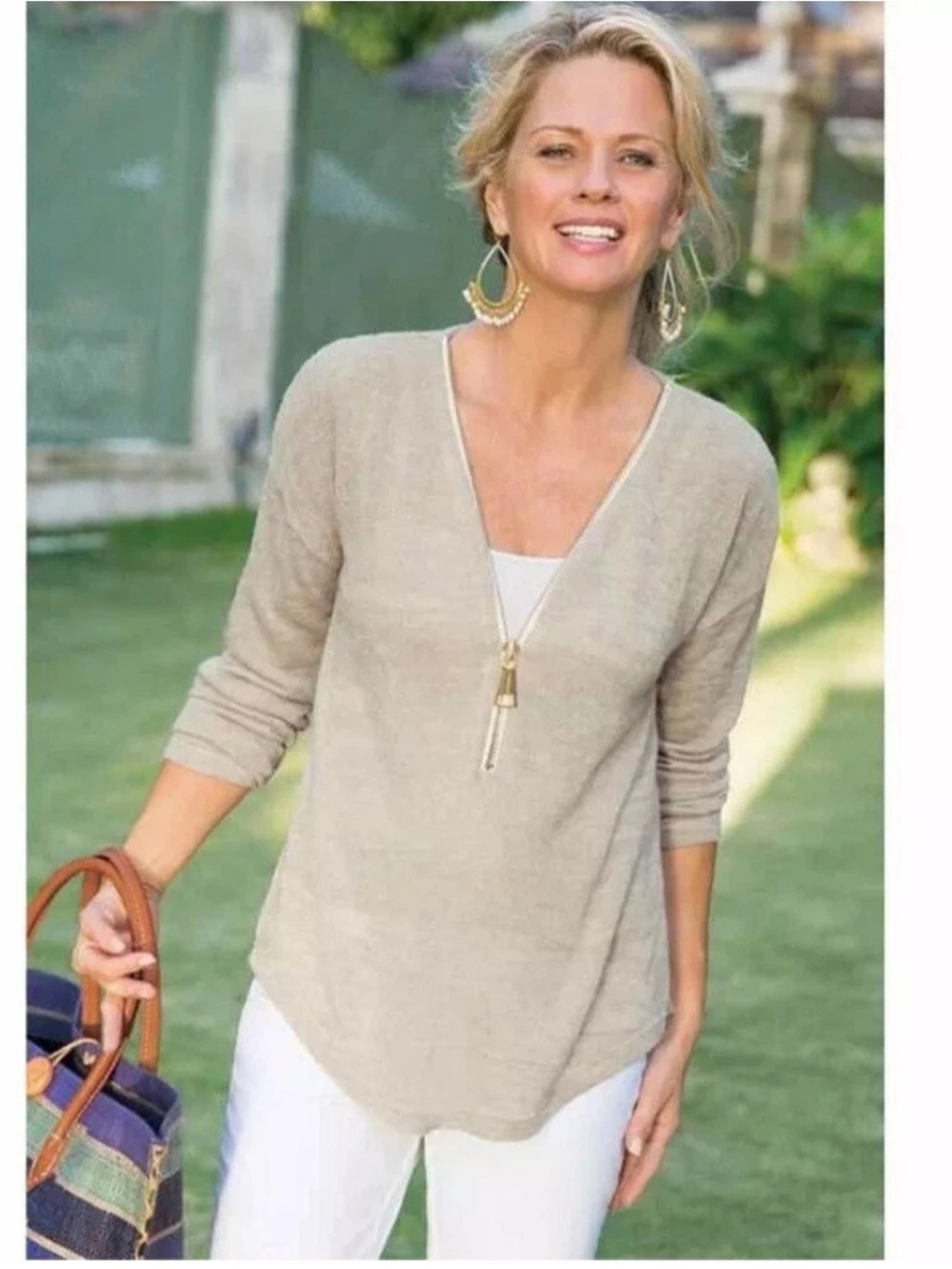 Soft Surroundings Neutral Taupe V-Neck Half-Zip Sweater